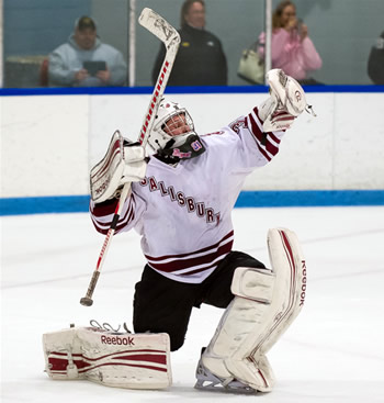 At the final buzzer of Sunday's prep title game, Salisbury sophomore G Callum Booth, who is about to get mobbed.