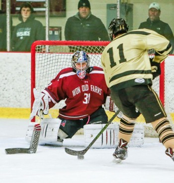 Avon Jr. G Brandon Schellin about to knock the puck off the stick of Westminster F Johnny McDermott. Schellin has 3 shutouts in 7 games this season.