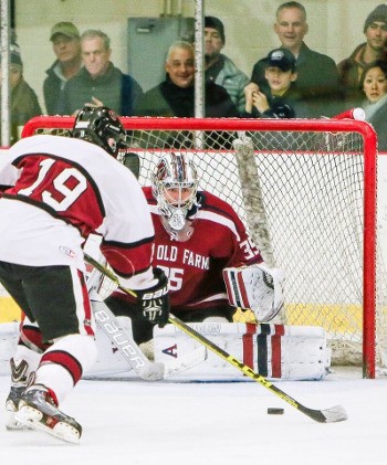 Avon 6'3" sophomore G Spencer Knight kicked out 41 Loomis shots, including this one from Sam DiMaio (19). Knight was named Avon Tournament MVP.