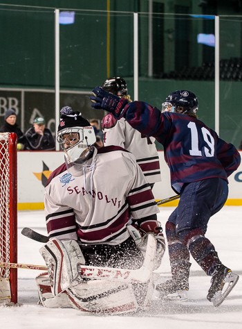 Belmont Hill senior Christian O'Neill after scoring a goal vs. Tabor Wed. Jan. 11 at Fenway.