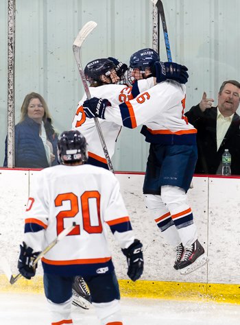 Milton's top line -- Quinton Fox (23), Tyler Campbell (16), and Tiger Zhang (20) -- pulled off a rarity, scoring on the first shift of all three perio