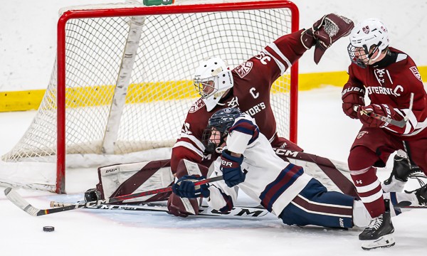 Governor's goaltender and senior captain Zach Ericson comes up with a big save in 4-3 win over Belmont Hill.