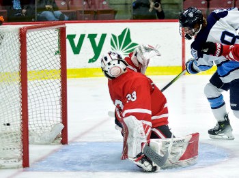 Canterbury senior Ryan Stratton scores the game-winning goal in the Saints' 3-1 win over Rivers in the 2024 Small School Championship game Sun. March 